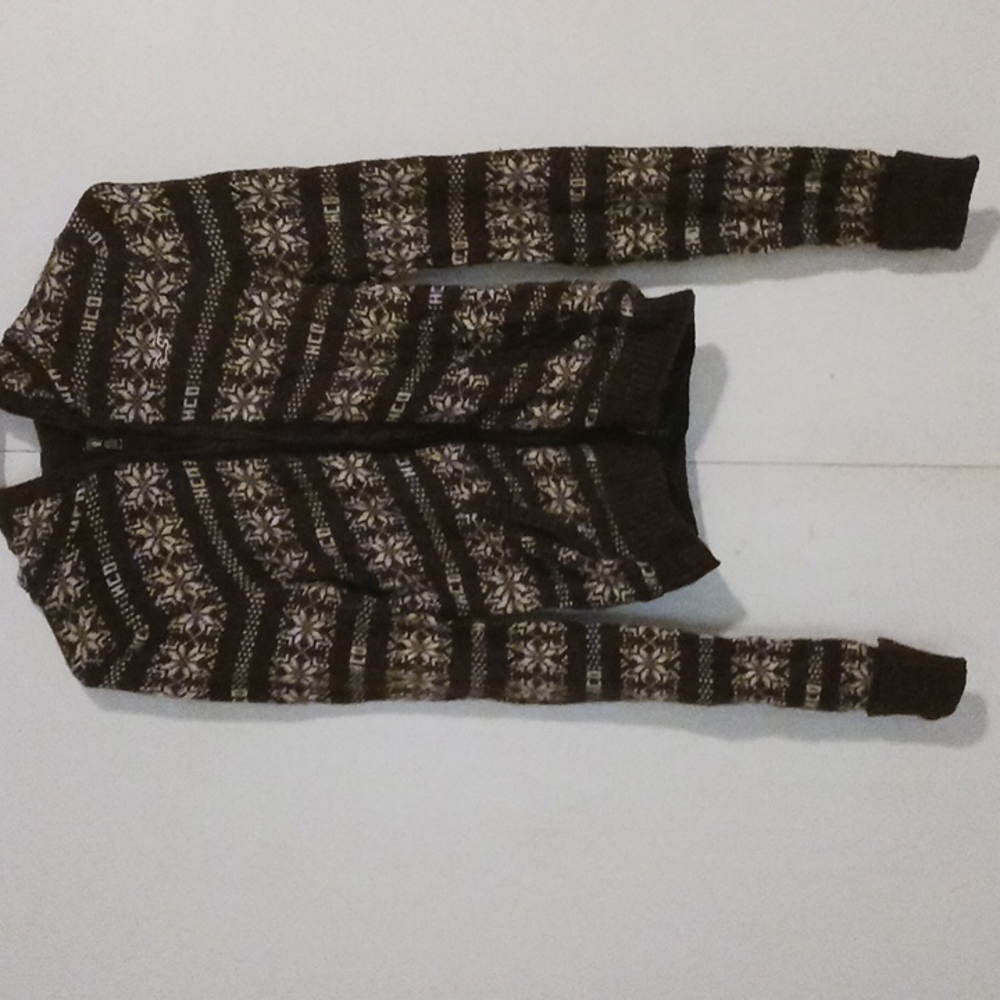 Hollister brown and white snowflake zip up sweater